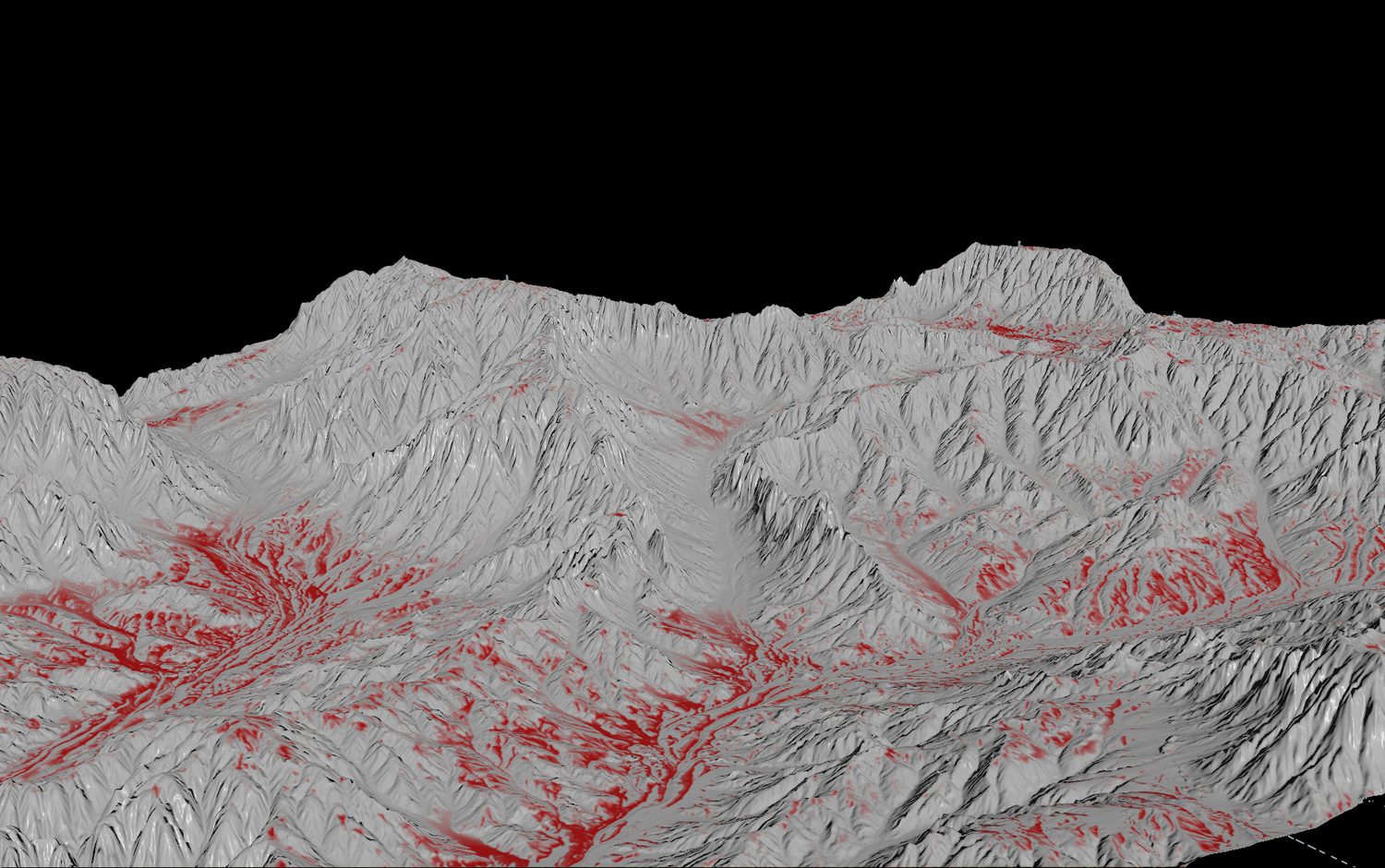 Geographic data — greyscale relief with red data overlay